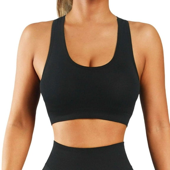 KHONTS,Women's Sports High Impact Bras Racerback Removable Padded Crop Tops Seamless Yoga Workout Activewear Camisole Black L