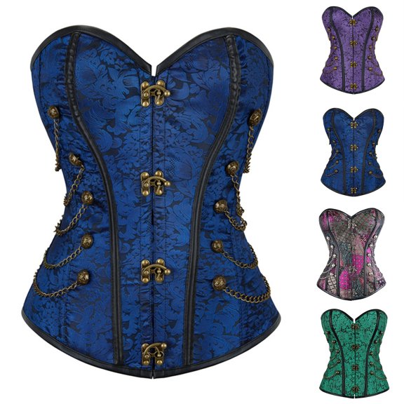 KHONTS Women's Steel Boned Steampunk Gothic Bustier Corset with Chains Brocade Leather Clasp Closure Lace up Back Overbust Bodice Purple XL