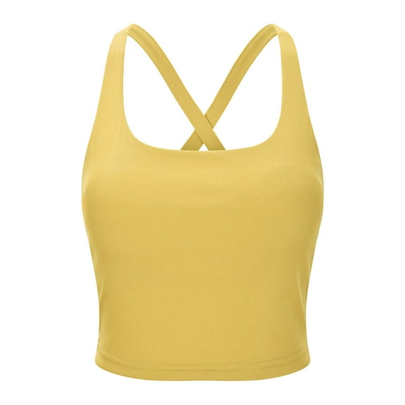 KHONTS Women's Strap Yoga Sports Bras Padded Criss Cross Back Fitness Athletic Running Tank Tops Yellow S