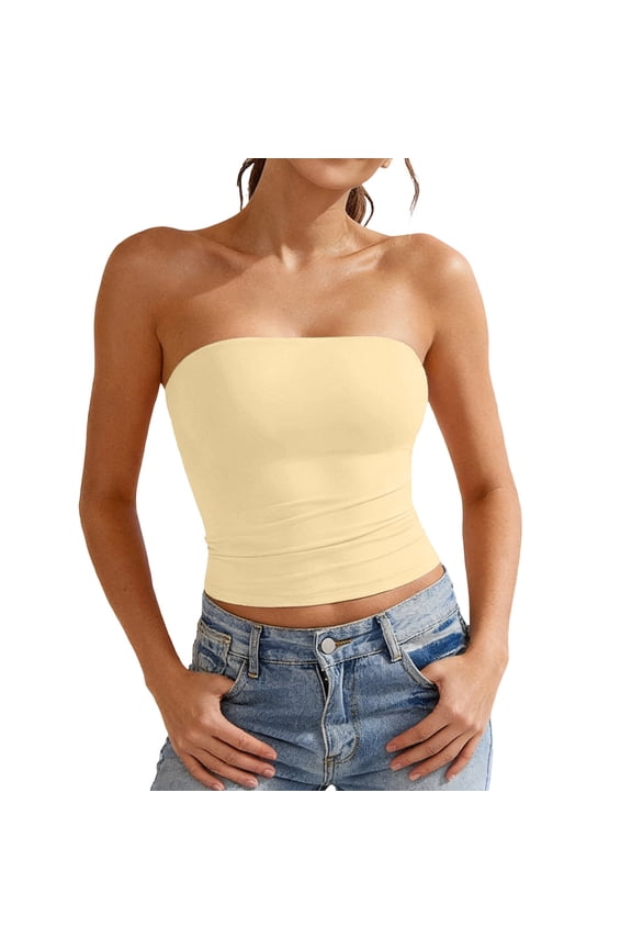 Women's Strapless Bandeau Crop Tops Solid Color Double Layer Strapless Tops Yellow S