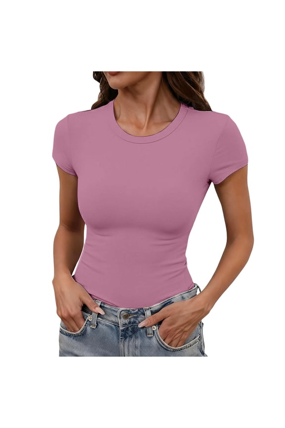 Women's Stretchy Ribbed T-Shirts Crew Neck Short Sleeve Gym Workout Slim Fit Casual Basic Tops Pink M