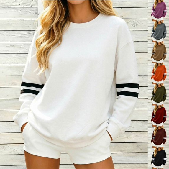 KHONTS Women's Striped Oversized Sweatshirt Crewneck Pullover Tops Basic Drop Shoulder Retro Sporty Fashion Fall Outfits for Casual Daily RD2 XL