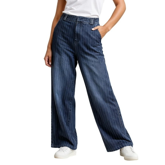 KHONTS Women's Stripes Printed Jeans High Waist Wide Leg Denim Pants Casual Daily Trouser Blue XS