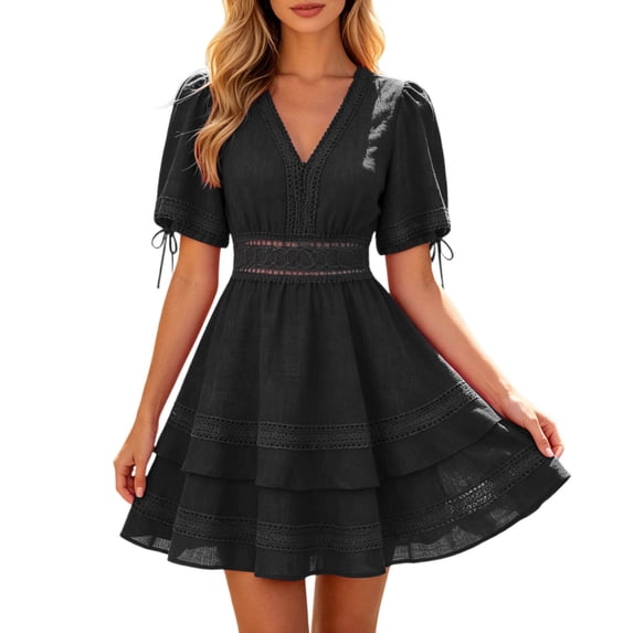 KHONTS Women's Summer Dress Hollow out Lace V-Neck Puff Short Sleeve A-Line Layered Short Dresses Black XXL