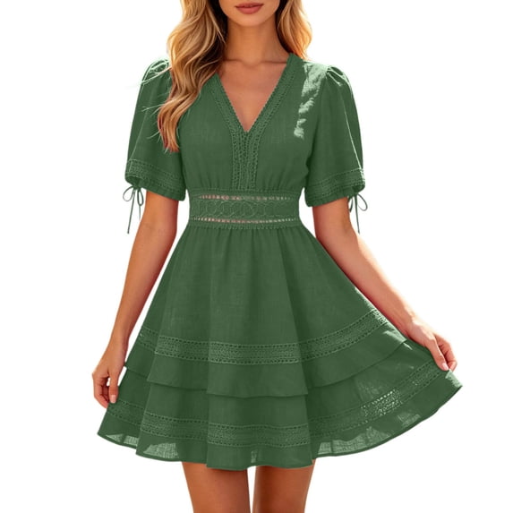 KHONTS Women's Summer Dress Hollow out Lace V-Neck Puff Short Sleeve A-Line Layered Short Dresses Green XXL