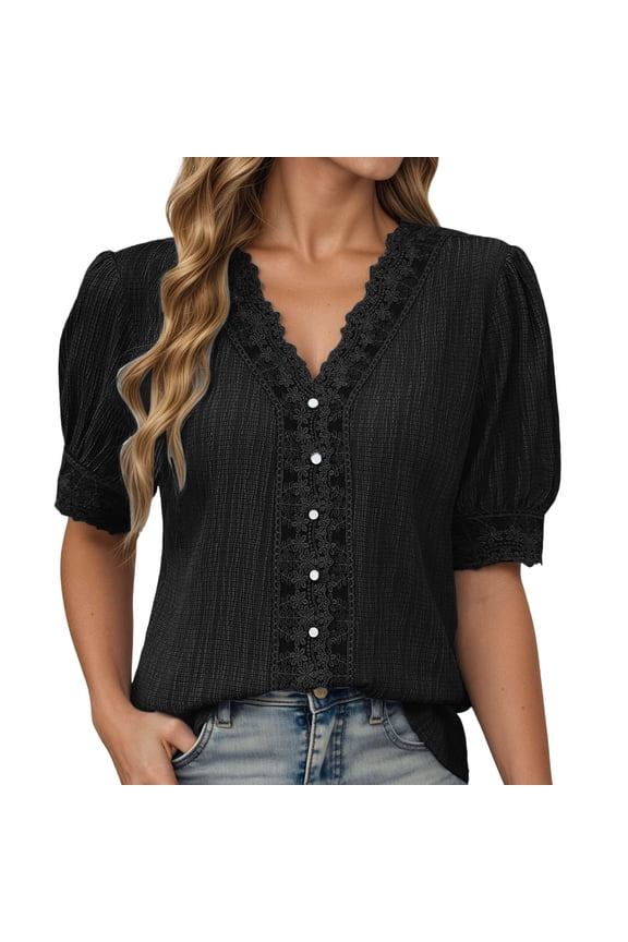 Women's Summer Lace V-Neck Plain Lace Elegant Shirt Fashion Solid Color Elegant Blouse Puff Short Sleeve Tops Black S