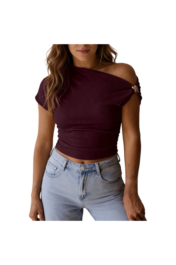 Women's Summer off Shoulder Tops Going out 20s Tops Spring Cap Sleeve Ruched Asymmetrical Tunic Blouses Red XL