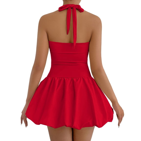 KHONTS Women's Sweet Halter Corset Mini Dress Backless Corset Bubble Ruched Waist Club Party Dresses Red XS
