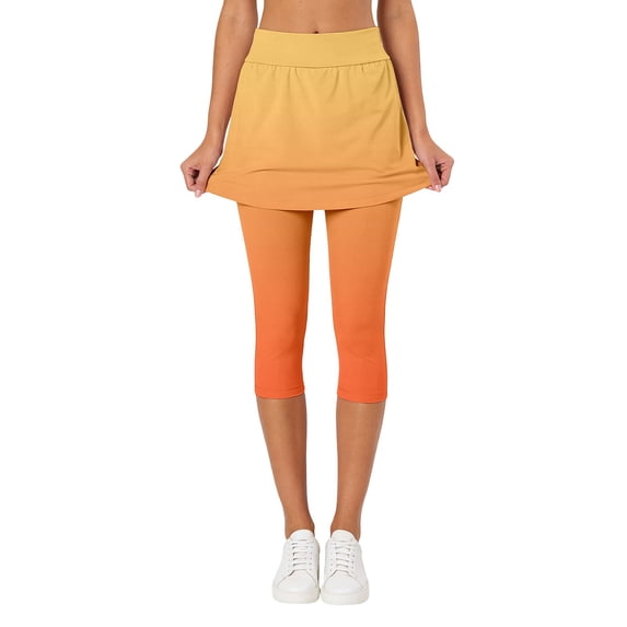 KHONTS Women's Tennis Skirt Leggings High Waist Tummy Control Athletic Yoga Capri Golf Pants Workout Clothing Orange L