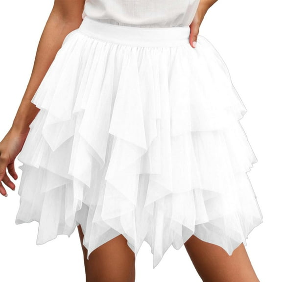 KHONTS Women's Tulle Mini Skirt Ruffled Mesh Puffy Ballet Tutu Skirts 50s Carnival Party Elastic Waist Short Underskirts White S
