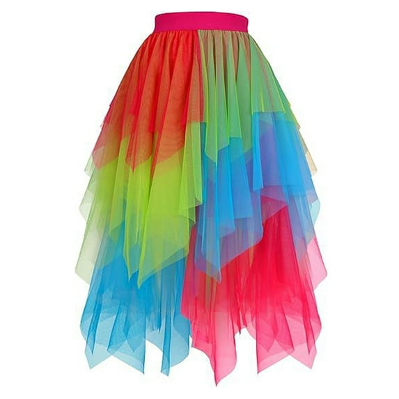 KHONTS Women's Tulle Skirts High Low Layered A-Line Midi Skirt Irregular Tutu Skirts Multicolour L