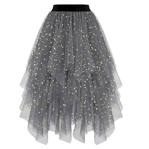 KHONTS Women's Tulle Skirts High Low Layered Puffy Fairy Skirts Midi Length Irregular Tutu Skirt Dark Gray XL