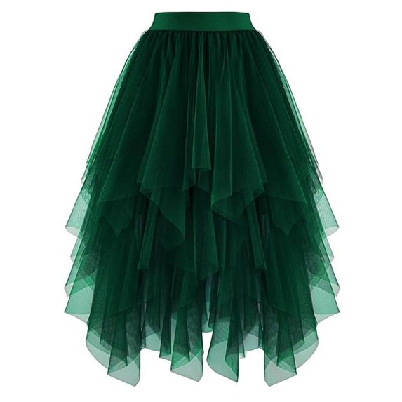 KHONTS Women's Tulle Skirts High Low Layered Puffy Fairy Skirts Midi Length Irregular Tutu Skirt Dark Green S