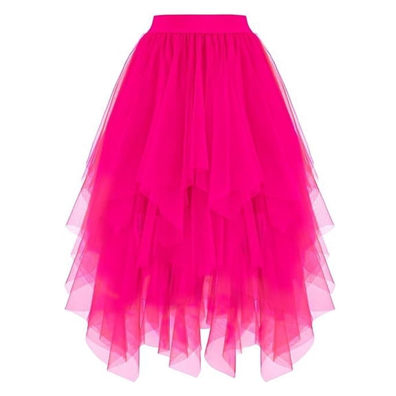 KHONTS Women's Tulle Skirts High Low Layered Puffy Fairy Skirts Midi Length Irregular Tutu Skirt Hot Pink XL