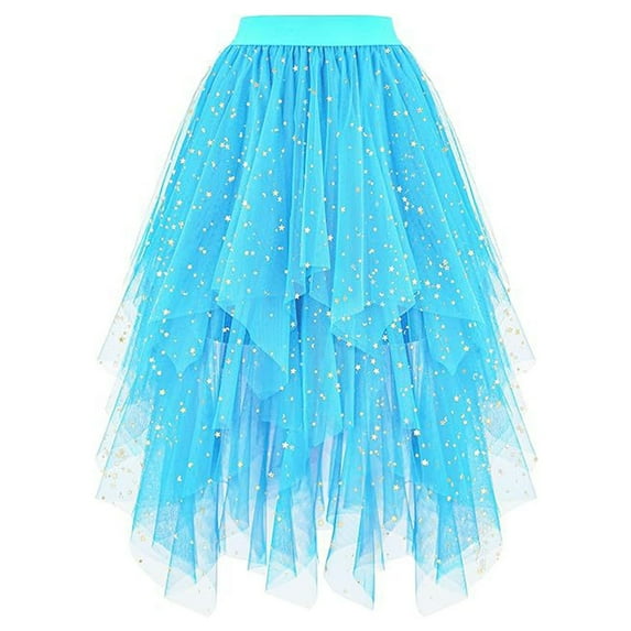 KHONTS Women's Tulle Skirts High Low Layered Puffy Fairy Skirts Midi Length Irregular Tutu Skirt Sky Blue M