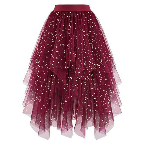 KHONTS Women's Tulle Skirts High Low Layered Puffy Fairy Skirts Midi Length Irregular Tutu Skirt Wine XL