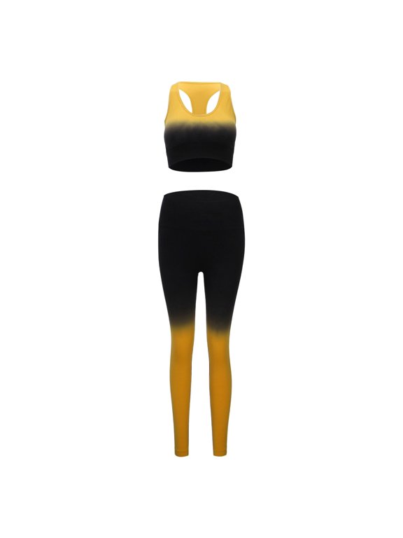 Women's Two Piece Sets Racerback Yoga Bras Workout Gradient Color Outfits Waistband Exercise Outfits Yellow M