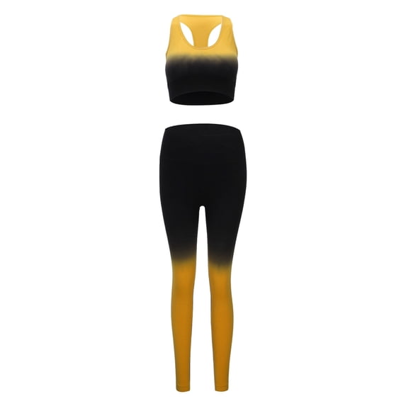 KHONTS Women's Two Piece Sets Racerback Yoga Bras Workout Gradient Color Outfits Waistband Exercise Outfits Yellow XL