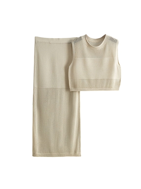 Women's Two Piece Sets Slim Hollow Sleeveless Vest Summer New Knitted Slit Skirt Beige One Size