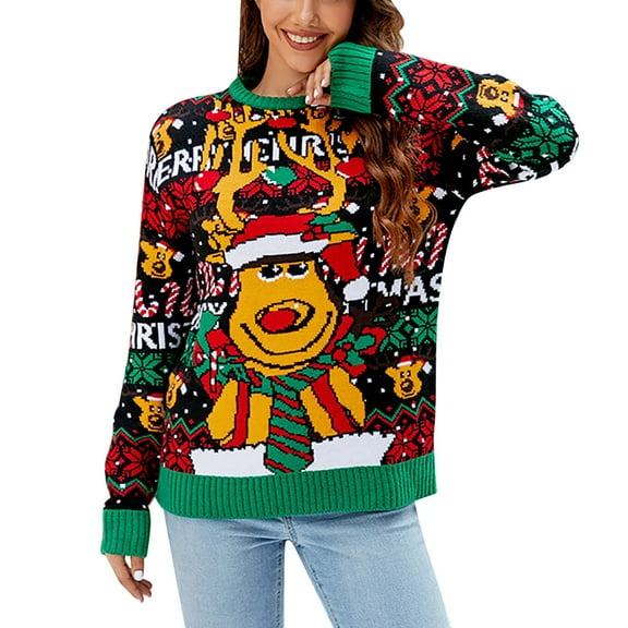 KHONTS Women's Ugly Christmas Sweater Adult Funny Reindeer Long Sleeve Double Layer Knitted Xmas Pullover Sweater 05-Red S