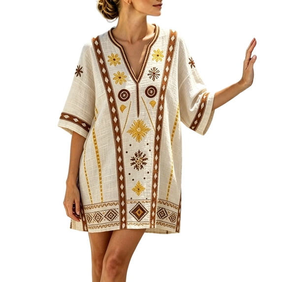 KHONTS Women's V-Neck Half Sleeve Casual Beach Summer Dress Boho Floral Print Flowy Coverup Mini Dress 07-Gold S