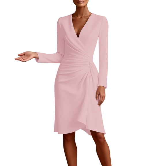 KHONTS Women's V Neck Long Sleeve Ruched Waist A-Line Pleated Long Sleeve Knee Length Dresses Pink XL