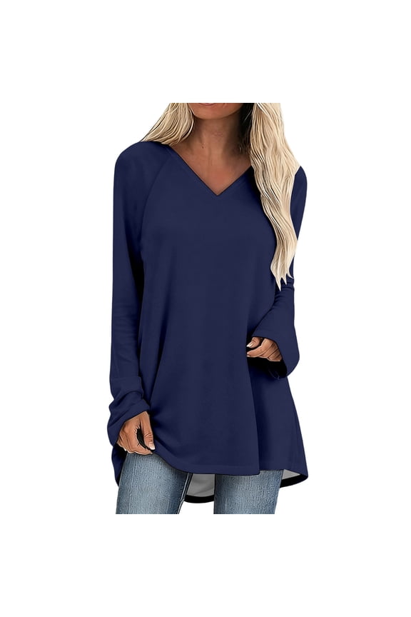 Women's V Neck Long Sleeve T Shirts Solid Color Long Tops Loose Fit Casual Fashion Tees for Daily Wear Navy XXL