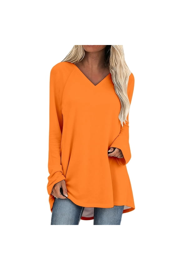Women's V Neck Long Sleeve T Shirts Solid Color Long Tops Loose Fit Casual Fashion Tees for Daily Wear Orange XL