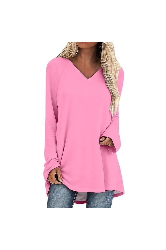 Women's V Neck Long Sleeve T Shirts Solid Color Long Tops Loose Fit Casual Fashion Tees for Daily Wear Pink XL