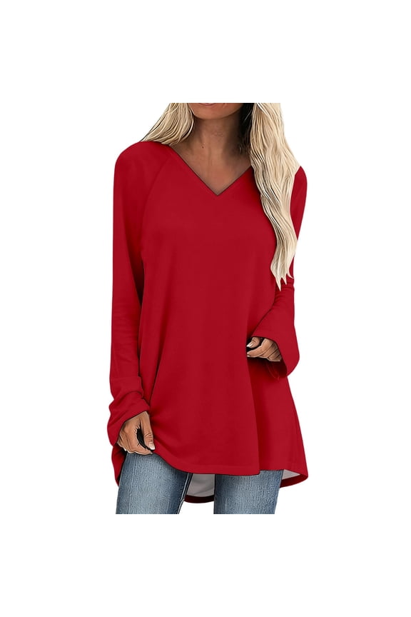 Women's V Neck Long Sleeve T Shirts Solid Color Long Tops Loose Fit Casual Fashion Tees for Daily Wear Red XXL