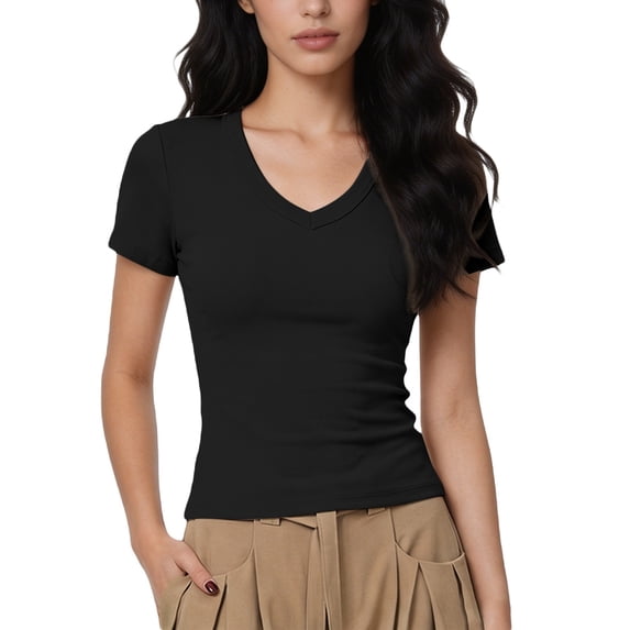 KHONTS Women's V-Neck Slim Fit T-Shirts Stretchy Ribbed Short Sleeve Gym Workout Casual Basic Tops Black XXL