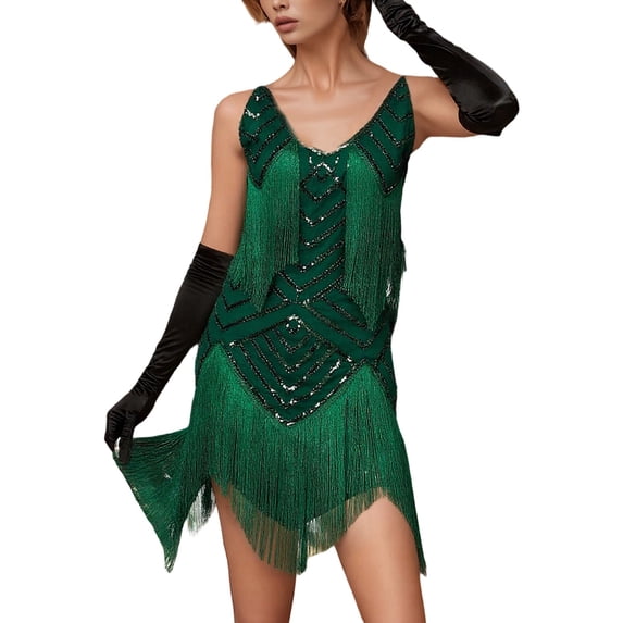 KHONTS Women's V-Neck Spaghetti Strap Mini Short Dress Tassels Sequin Beaded Party Dress Green XXL
