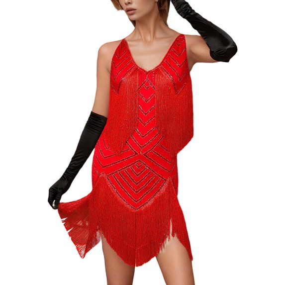 KHONTS Women's V-Neck Spaghetti Strap Mini Short Dress Tassels Sequin Beaded Party Dress Red XXL
