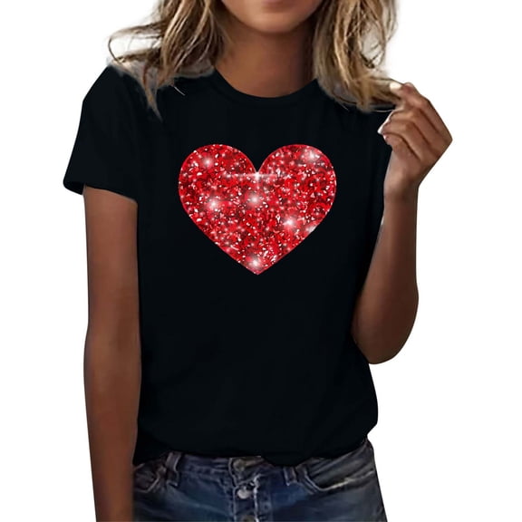 KHONTS Women's Valentine's Wife's Day Graphic Tees Short Sleeve Heart Printed Shirts Blouse Crew Neck Tops 01-Black M