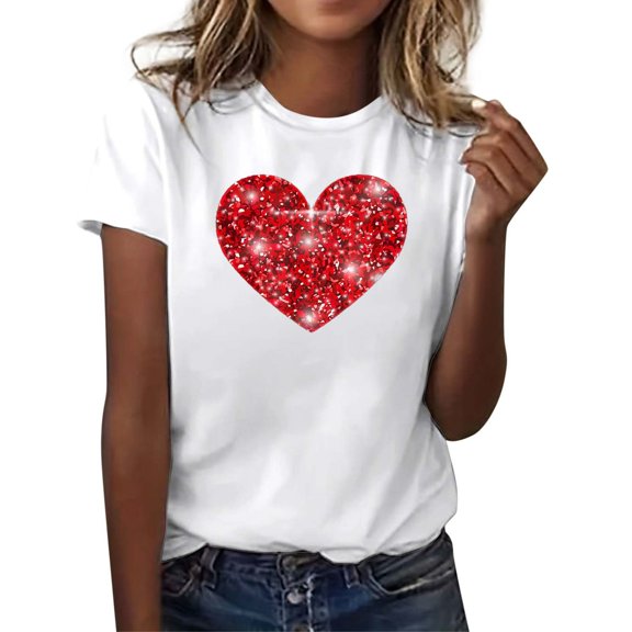 KHONTS Women's Valentine's Wife's Day Graphic Tees Short Sleeve Heart Printed Shirts Blouse Crew Neck Tops 01-White XXL