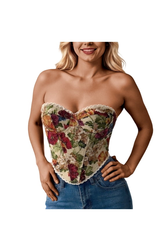 ,Women's Vintage Floral Strapless Corset Top Lace Trim Lace-Up Sweetheart Bustier Crop Tube Tops Beige M