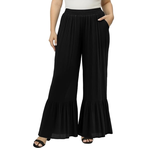 KHONTS Women's Wide Leg Pants Flowy Boho Elastic High Waist Ruffle Hem Palazzo Pants Plus Size Pleated Vacation Pants Black XXXXL