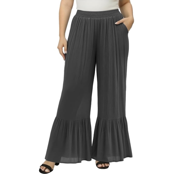 KHONTS Women's Wide Leg Pants Flowy Boho Elastic High Waist Ruffle Hem Palazzo Pants Plus Size Pleated Vacation Pants GY1 XXXL