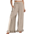 thumbnail image 1 of KHONTS Women's Wide Leg Pants High Waist Ruffle Hem Casual Loose Cropped Trousers Solid Color Lightweight Pants for Daily Wear Khaki S, 1 of 4