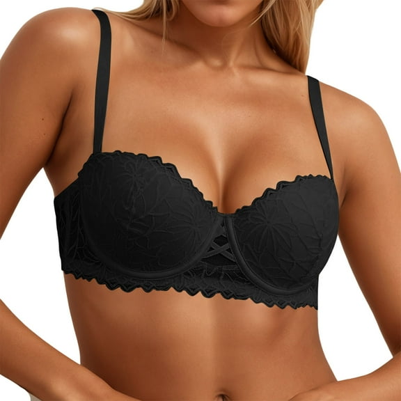 KHONTS,Women's Women Lightly Lined Bras Lace Demi Underwire Bra Half Cup Padded Push up Bralettes Black 80B