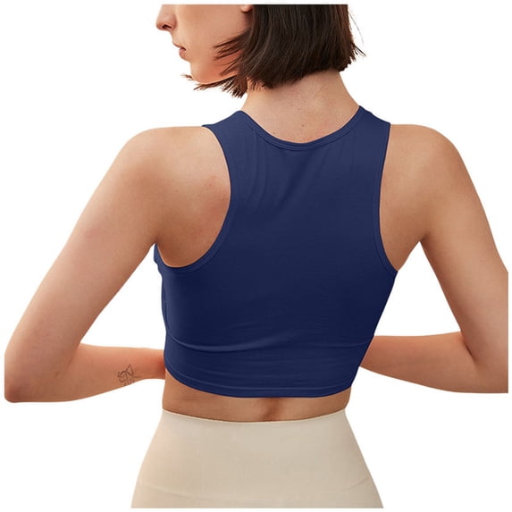 KHONTS Women's Workout Crop Tops Sleeveless Yoga Running Shirts Athletic Tank Tops with Padded Navy M