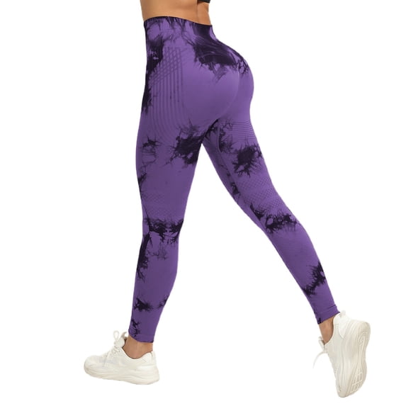 KHONTS Women's Workout Tie Dye Leggings High Waisted Yoga Pants Seamless Scrunch Lifting Compression Tights Dark Purple S