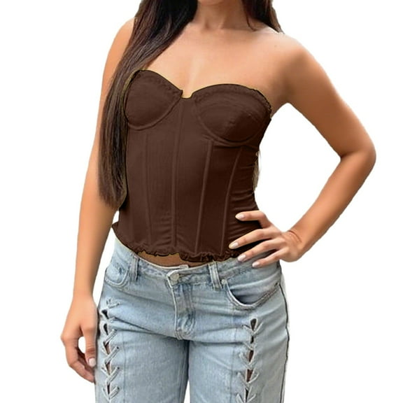 KHONTS,Women's Y2k Bustier Corset Tops Going out Overbust Corset Tops Sexy Strapless Lace up Boned Mesh Bustier Tops Coffee S