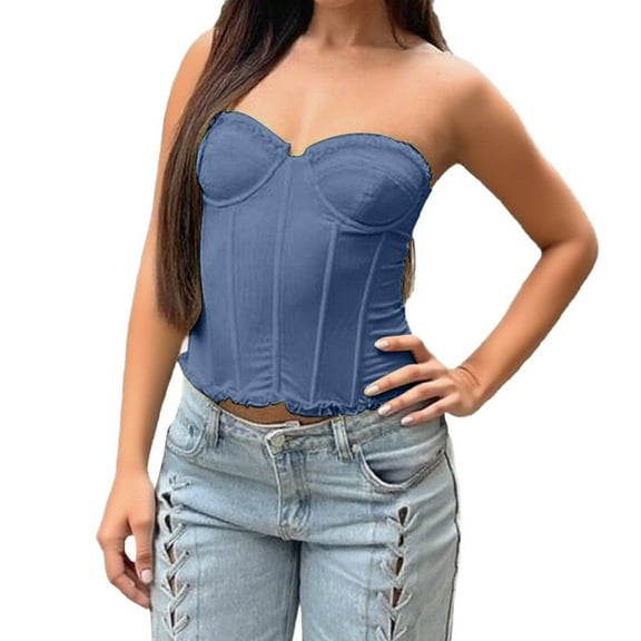 KHONTS.Women's Y2k Bustier Corset Tops Going out Overbust Corset Tops Sexy Strapless Lace up Boned Mesh Bustier Tops Light Blue L