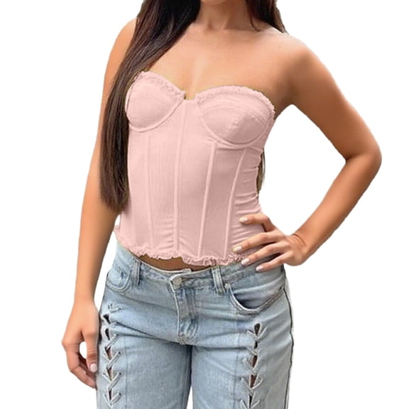 KHONTS,Women's Y2k Bustier Corset Tops Going out Overbust Corset Tops Sexy Strapless Lace up Boned Mesh Bustier Tops Pink M