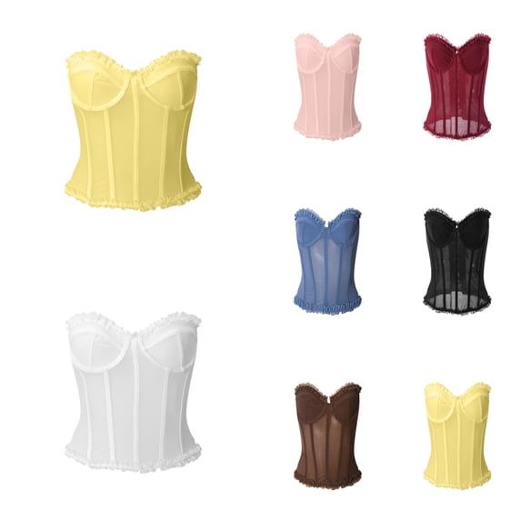 KHONTS Women's Y2k Bustier Corset Tops Going out Overbust Corset Tops Strapless Lace up Mesh Bustier Tops Coffee S