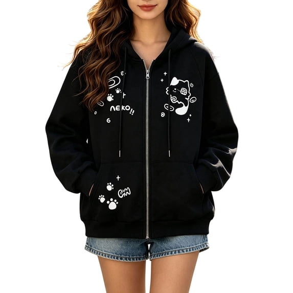 KHONTS Women's Y2k Zip up Cute Graphic Hoodies Casual Cartoon Harajuku Clothes Oversize Streetwear Jacket Black M