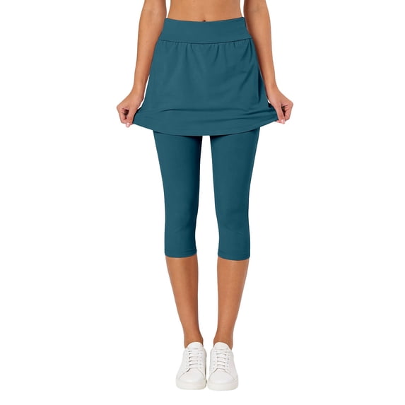 KHONTS Women's Yoga Skirted Capri Leggings Golf Tennis Pants with Skirt for Running Workout Active Dark Green M