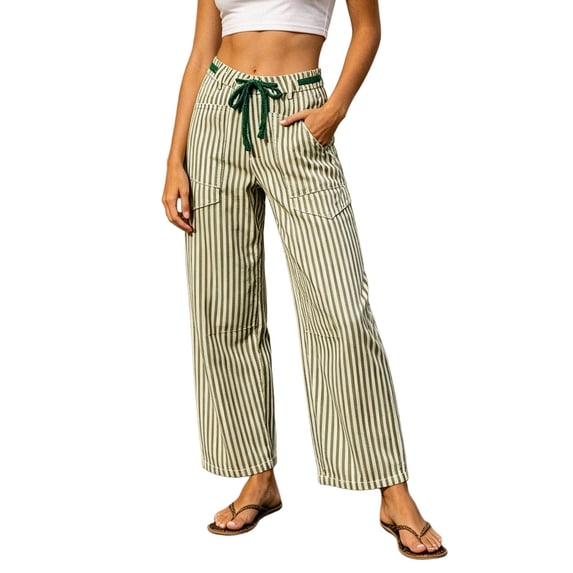 KHONTS Womens Summer Linen Striped Barrel Pants Comfy Drawstring Capri Pant with Pockets Beach Vacation Trousers Z01-Green S