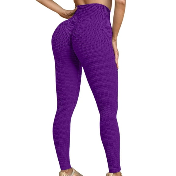 KHONTS Yoga Leggings for Women High Waist Pants Tummy Control Booty Bubble Lifting Workout Running Tights Purple XL